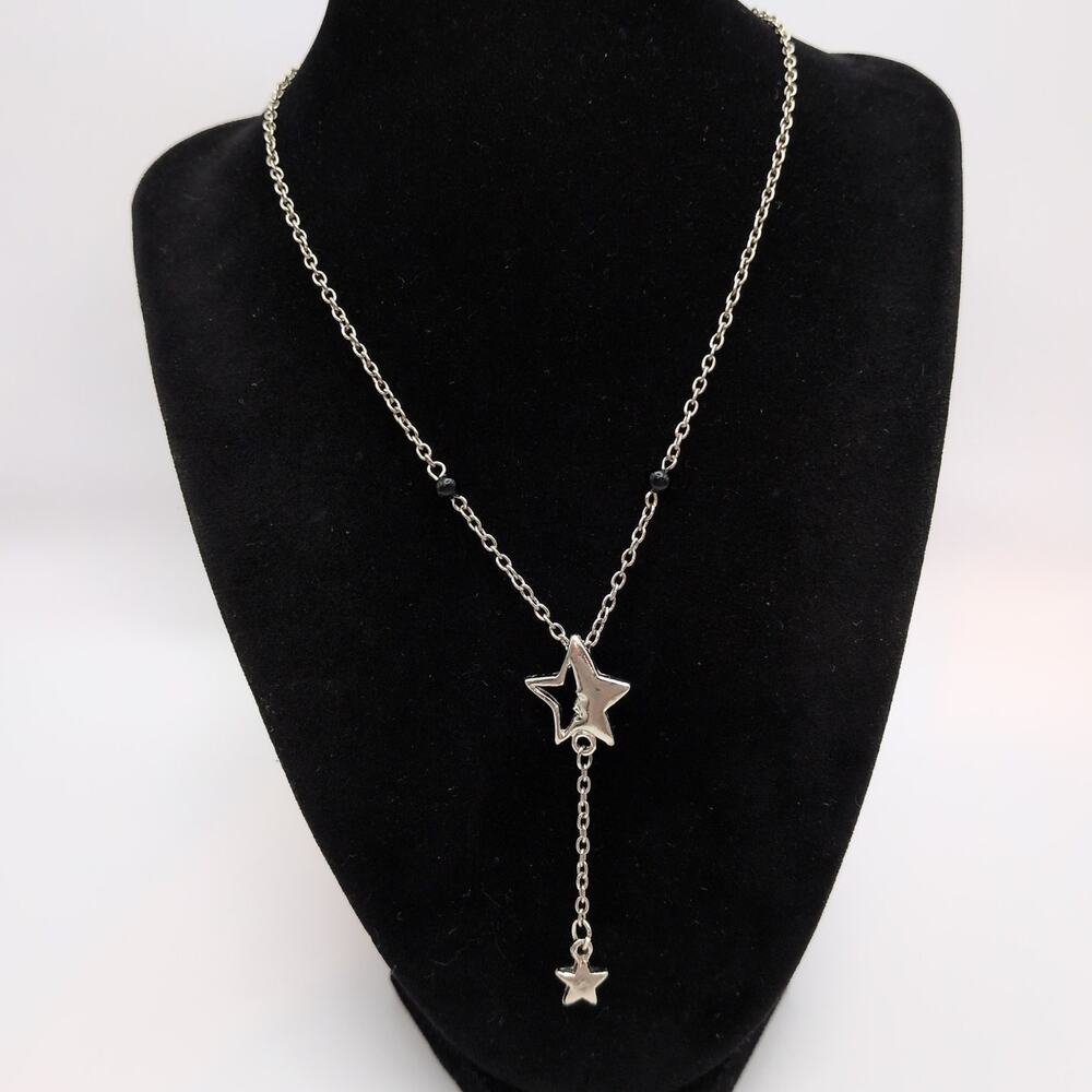 VTG Silver Tone Celestial Crescent Moon Face Whimsigoth Y-Drop Star Necklace